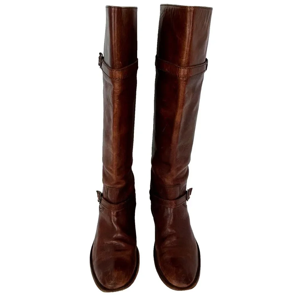 Frye Shirley Pull Riding Boots Full Leather Knee High Buckles Cognac Brown 6.5